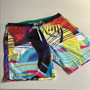 Tommy Bahama Blue and Yellow Board Shorts with Dynamic Patterns